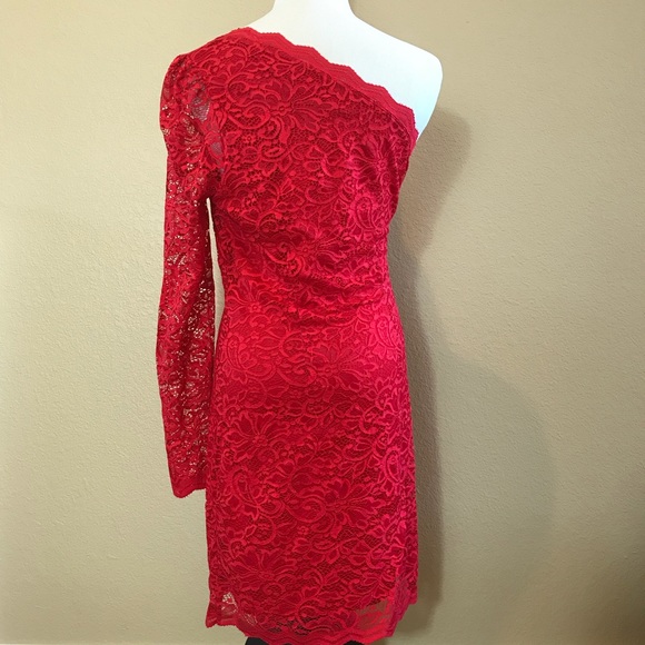 Express Red Lace One Shoulder Puff Sleeve Dress - Picture 6 of 7